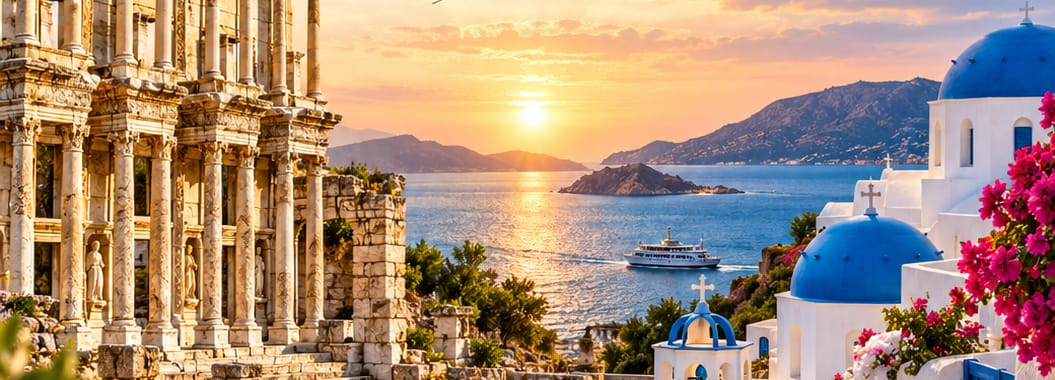 Ancient ruins and Aegean island domes at sunset